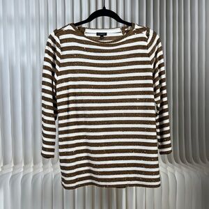 Talbots Brown and White Striped Sparkly 3/4 Sleeve Top